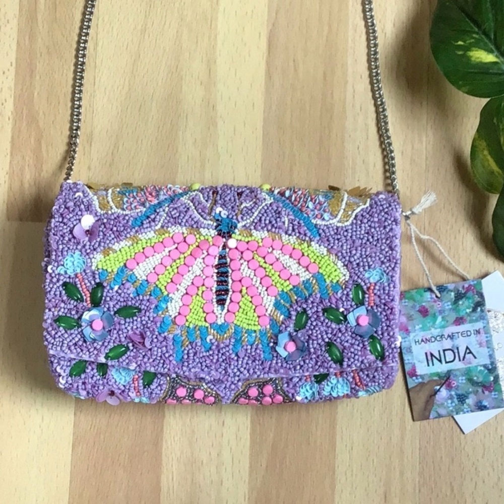 Handcrafted Purple Beaded Butterfly Clutch